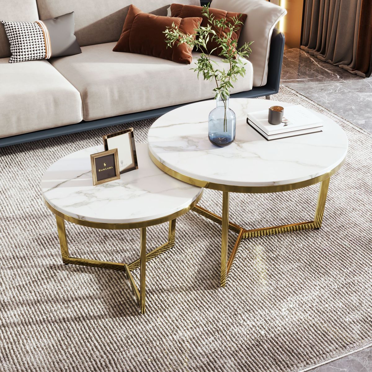 Modern Round Nesting Coffee Table Set 2-Piece White & Marbling Top Gold Base_maomaolike.com