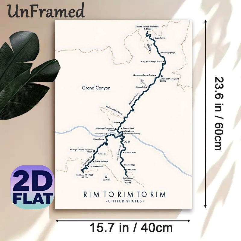 Grand Canyon Rim To Rim Trail Map Painting Poster, Minimalist Clear Trail Map Poster, Detailed Hiking Route Layout, Practical Reference For Hikers_maomaolike.com