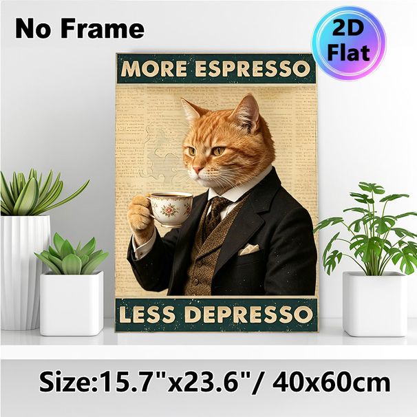 Vintage Cat & Espresso Painting Poster, Retro Nostalgic Styled Poster, Dapper Ginger Cat In Formal Suit Holding Floral Teacup With Fun Quote, Brings_maomaolike.com