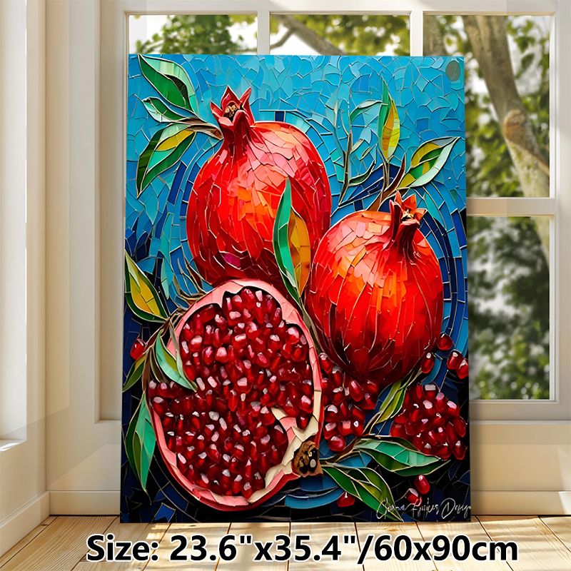 Pomegranate Themed Painting Poster, Vibrant Mosaic-style Red Pomegranates With Seeds & Leaves Poster, Eye-catching Fruit Artwork Ideal For Kitchen_maomaolike.com