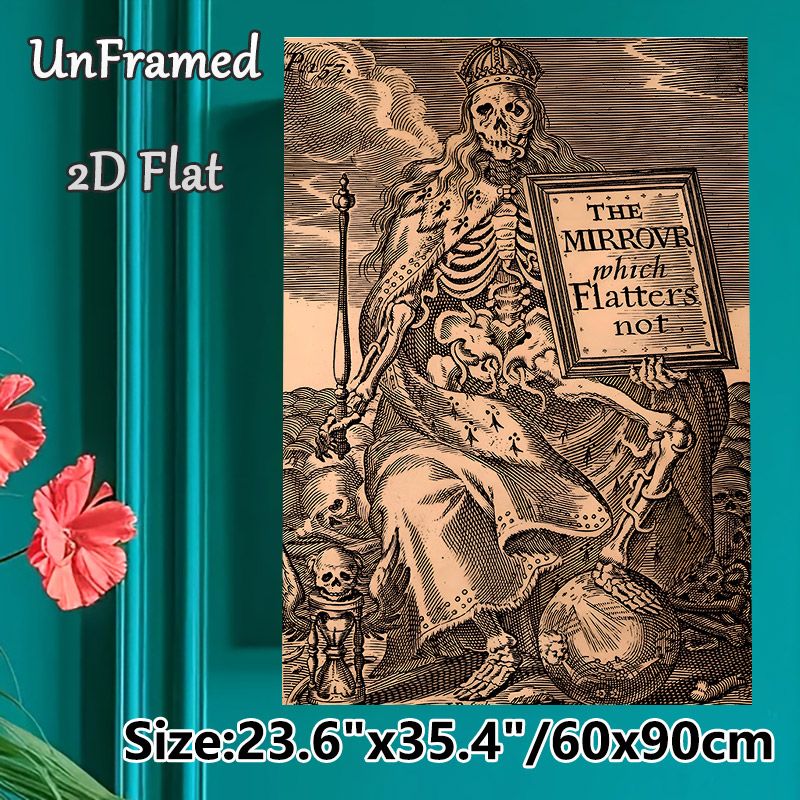 Skeleton Monarch Painting Poster, Vintage Monochrome Engraving Poster, Crowned Skeleton Holding Inscribed Sign, Distinctive Macabre Decor For_maomaolike.com