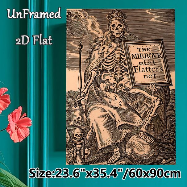 Skeleton Monarch Painting Poster, Vintage Monochrome Engraving Poster, Crowned Skeleton Holding Inscribed Sign, Distinctive Macabre Decor For_maomaolike.com