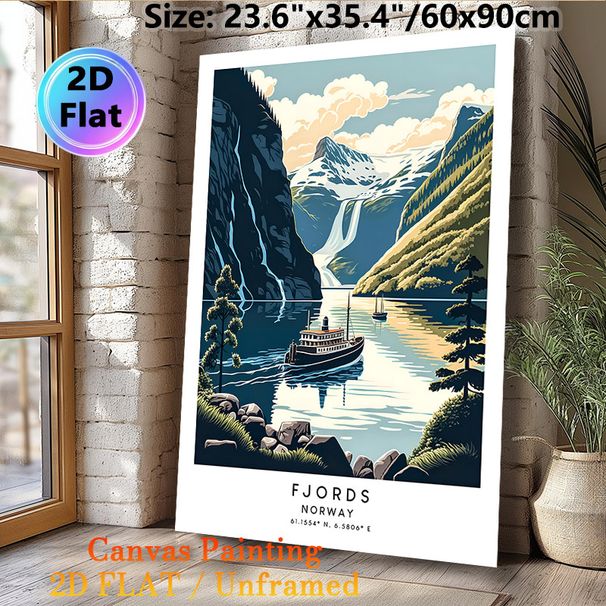 Norway Fjords Painting Poster, Vibrant Retro-style Scenic Fjord View Poster, Captivating Design With Cruise Ships, Waterfalls & Snow-capped Peaks_maomaolike.com