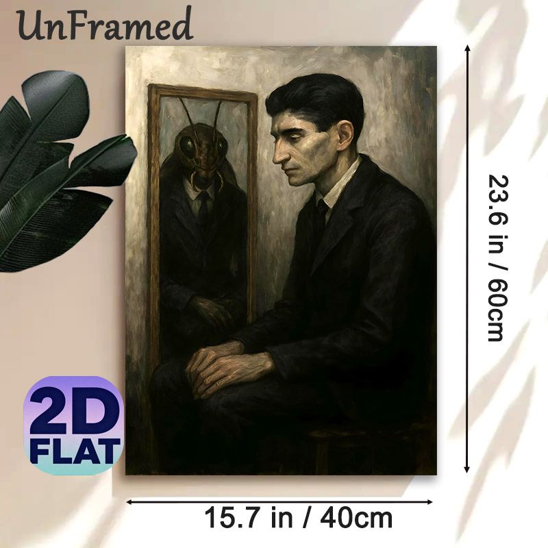 Man & Insect Mirror Reflection Painting Poster, Gloomy Surrealist Dark-toned Poster, Thought-provoking Introspective Artwork Suitable For Home Study_maomaolike.com
