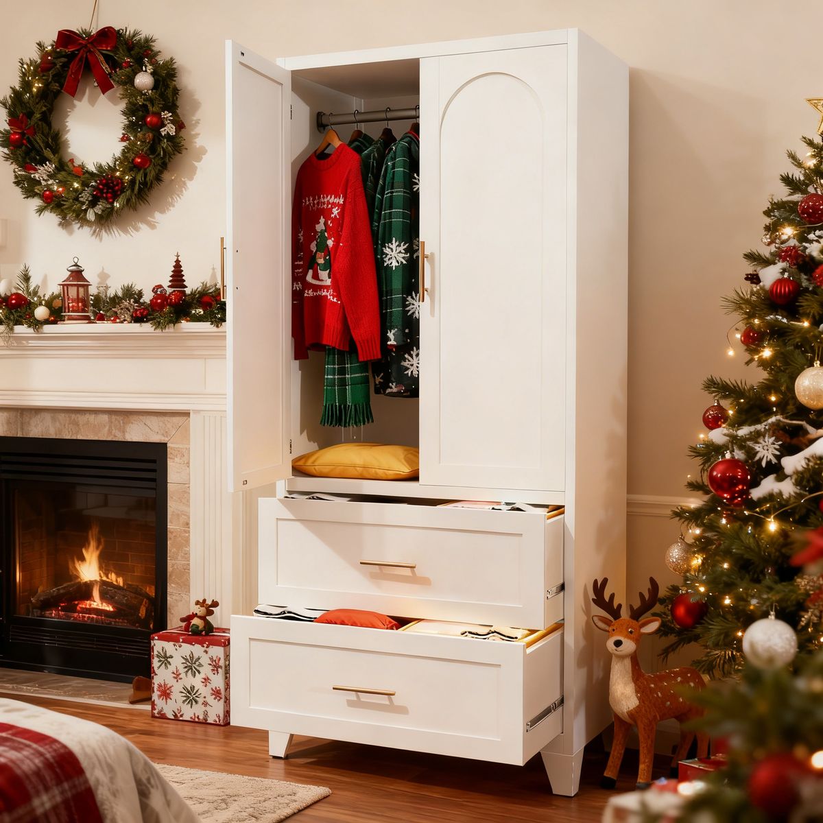 71inch Tall Metal Wardrobe Cabinet With 2 Drawers And Hanging Rod, 2 Doors Wardrobe Closet With Shelf For Bedroom, Office, Laundry Room,Entryway ,Foyer,Guesthouse White_maomaolike.com