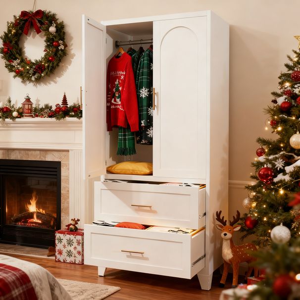 71inch Tall Metal Wardrobe Cabinet With 2 Drawers And Hanging Rod, 2 Doors Wardrobe Closet With Shelf For Bedroom, Office, Laundry Room,Entryway ,Foyer,Guesthouse White_maomaolike.com