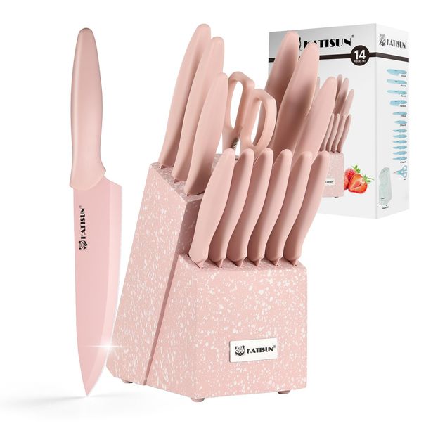Kitchen Knife Set With Block, 14 Piece Pink Non-Stick Paint Coating Stainless Steel Knives Set, Anti-Rust And Dishwasher Safe, 12 Knives With Kitchen Shears And Block Pink_maomaolike.com