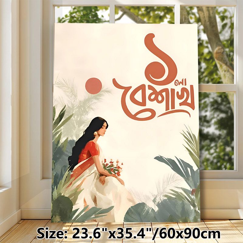 South Asian Traditional Female Painting Poster, Soft Watercolor-style Elegant Figure With Tropical Foliage Poster, Artistic Cultural Decor Suitable_maomaolike.com
