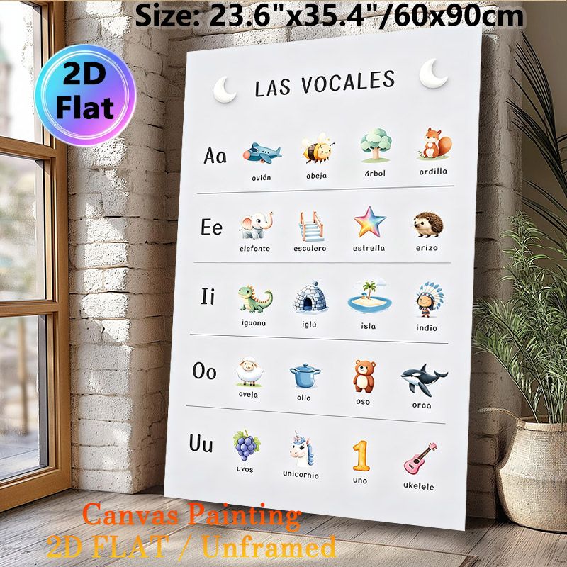Spanish Vowel Learning Painting Poster, Cute Cartoon Illustrated Educational Poster, Assists With Spanish Vowel Learning, Suitable For Study Rooms And_maomaolike.com
