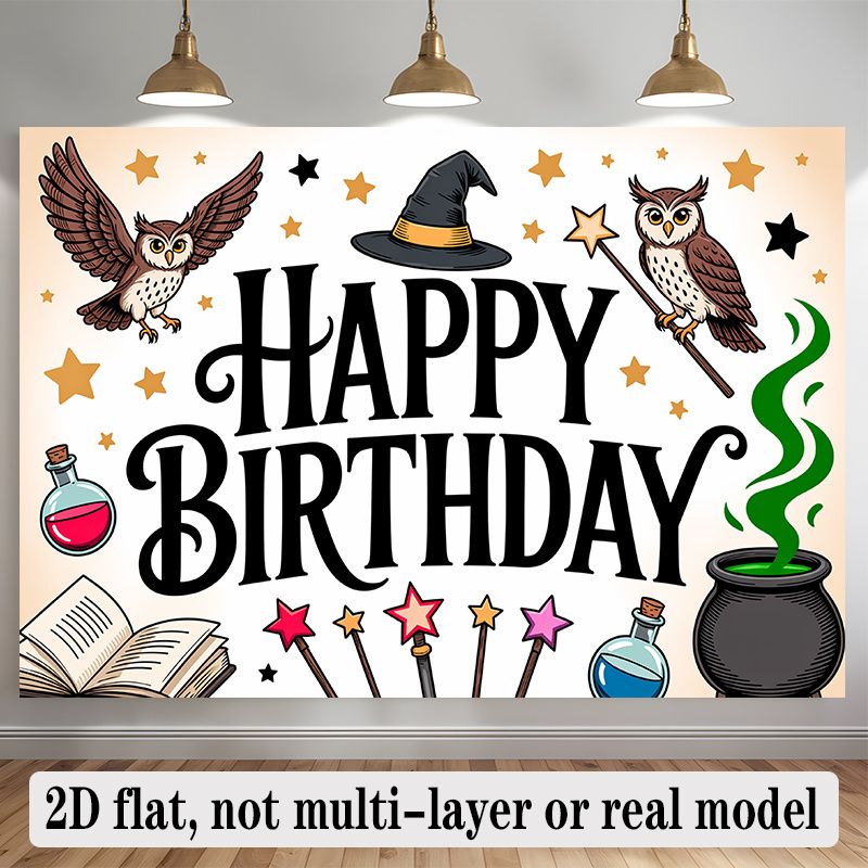 Magical Wizard Birthday Banner - 2D Flat Polyester Backdrop With Witch Hat, Owl, Wand, Stars, Wall Hanging Party Decor_maomaolike.com