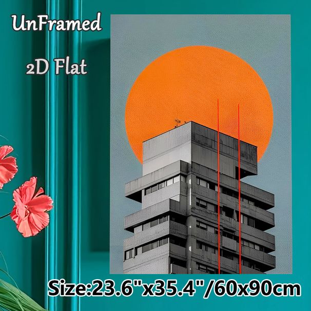 Modern Architecture Abstract Painting Poster, Minimalist Gray Geometric Building With Bold Orange Circle Poster, Sleek Urban Abstract Art For Living_maomaolike.com
