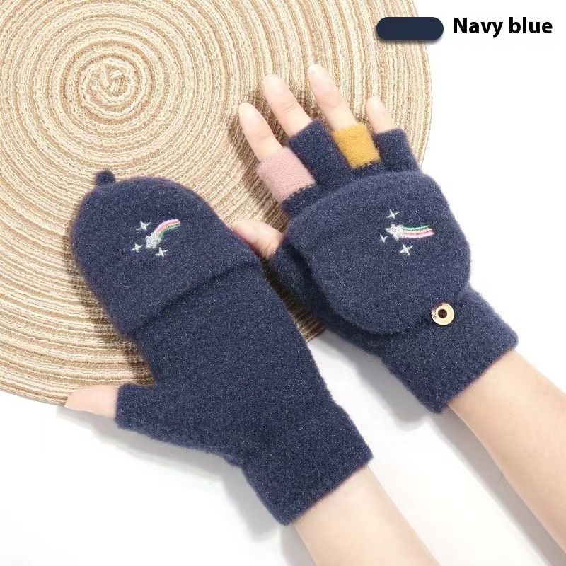 Winter Warm Half Finger Flip Knitted Gloves For Boys And Girls Students Rainbow Writing Cute Gloves_maomaolike.com
