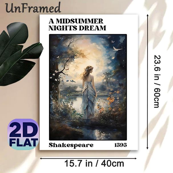 A Midsummer Night's Dream Painting Poster, Dreamy Watercolor Fairy By Lakeside Poster, Soft Hazy Woodland Scene, Ideal For Adding Romantic Ambiance To_maomaolike.com