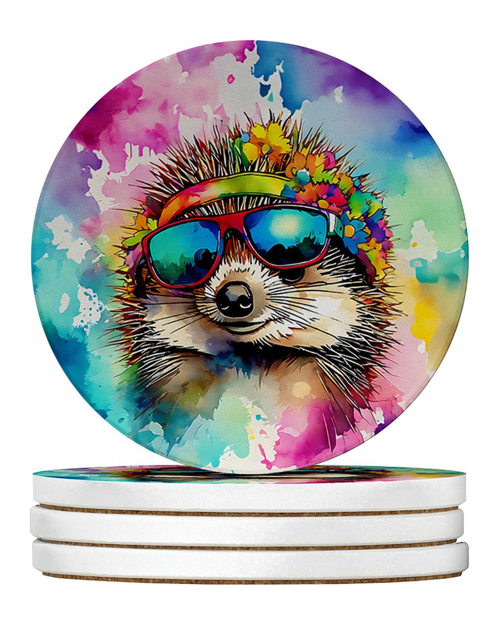 Hippie Animal Hedgehog Large Sandstone Coasters Pack Of 4 Absorbent Round Coasters Decor Gifts For Men Or Women, 4 In, Multicolor_maomaolike.com