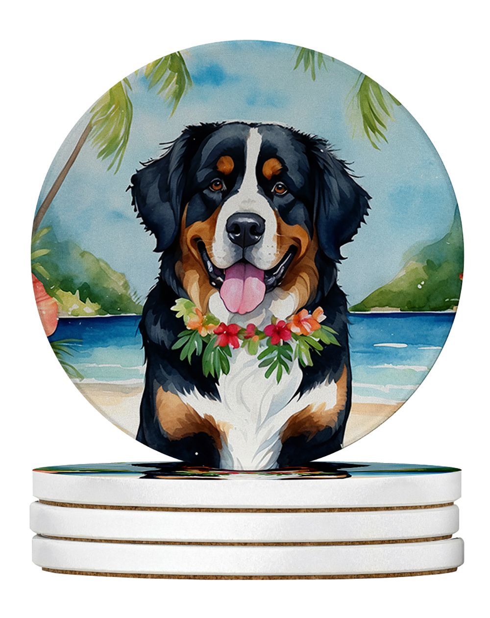 Bernese Mountain Dog Luau Large Sandstone Coasters Pack Of 4 Absorbent Round Coasters Decor Gifts For Men Or Women, 4 In, Multicolor_maomaolike.com