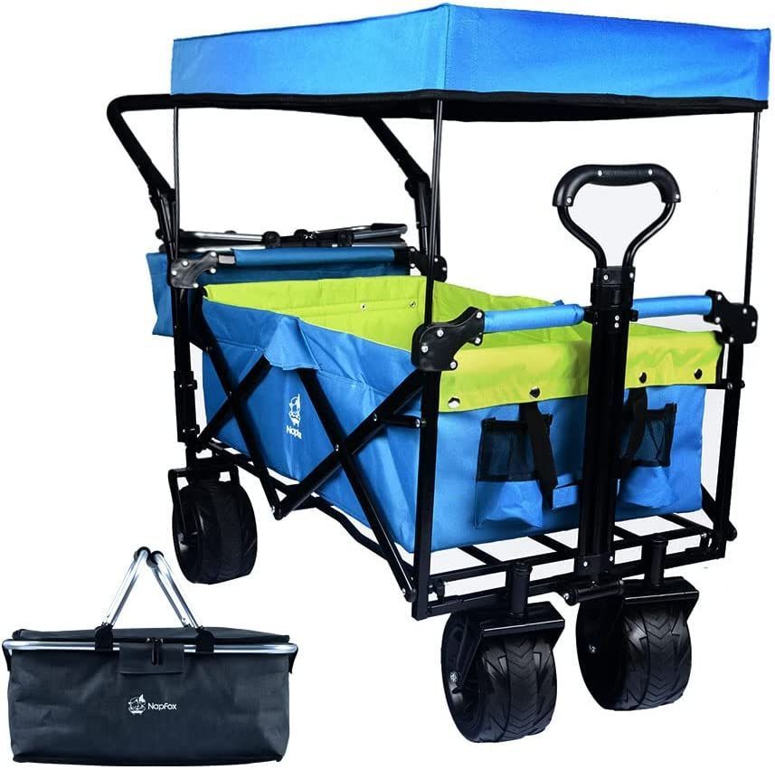 Collapsible Wagon Heavy Duty Folding Wagon Cart With Removable Canopy, 4" Wide Large All Terrain Wheels, Brake, Adjustable Handles,Cooler Bag Utility Carts For Outdoor Garden Beach_maomaolike.com