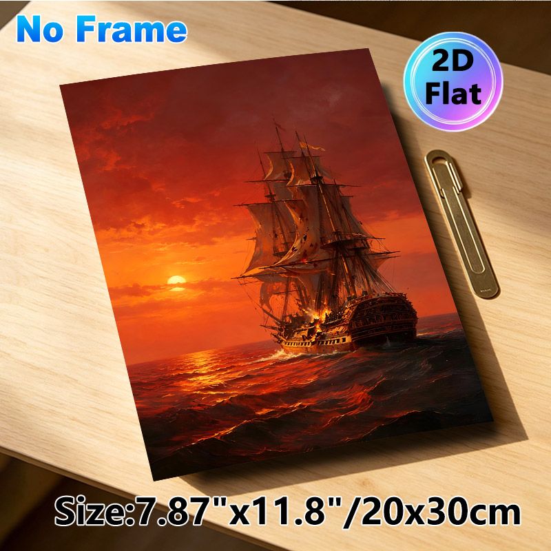 Burning Sailing Ship At Sunset Painting Poster, Dramatic Nautical Art Poster, Captivating Fiery Red Sky & Damaged Burning Ship On Wavy Sea, Suitable_maomaolike.com