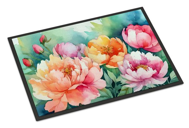 Indiana Peonies In Watercolor Doormat Front Door Mat Indoor Outdoor Rugs For Entryway, Non Slip Washable Low Pile, 24H X 36W_maomaolike.com