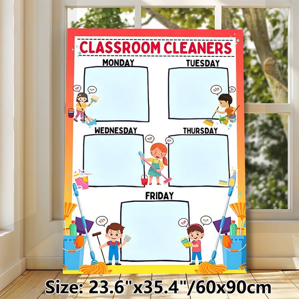 Classroom Cleaners Weekly Schedule Painting Poster, Vibrant Cartoon-style Poster, Practical Weekly Cleaning Duty Layout To Arrange Tasks, Ideal For_maomaolike.com