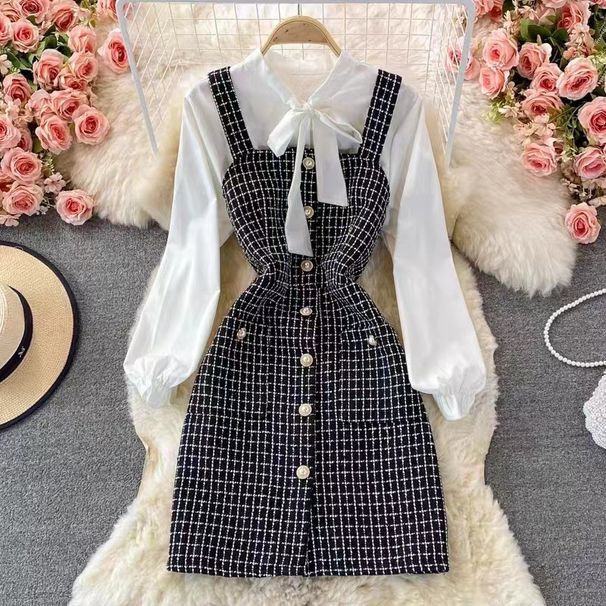 Women's temperament bow tie shirt two-piece suit tweed plaid suspender dress_maomaolike.com