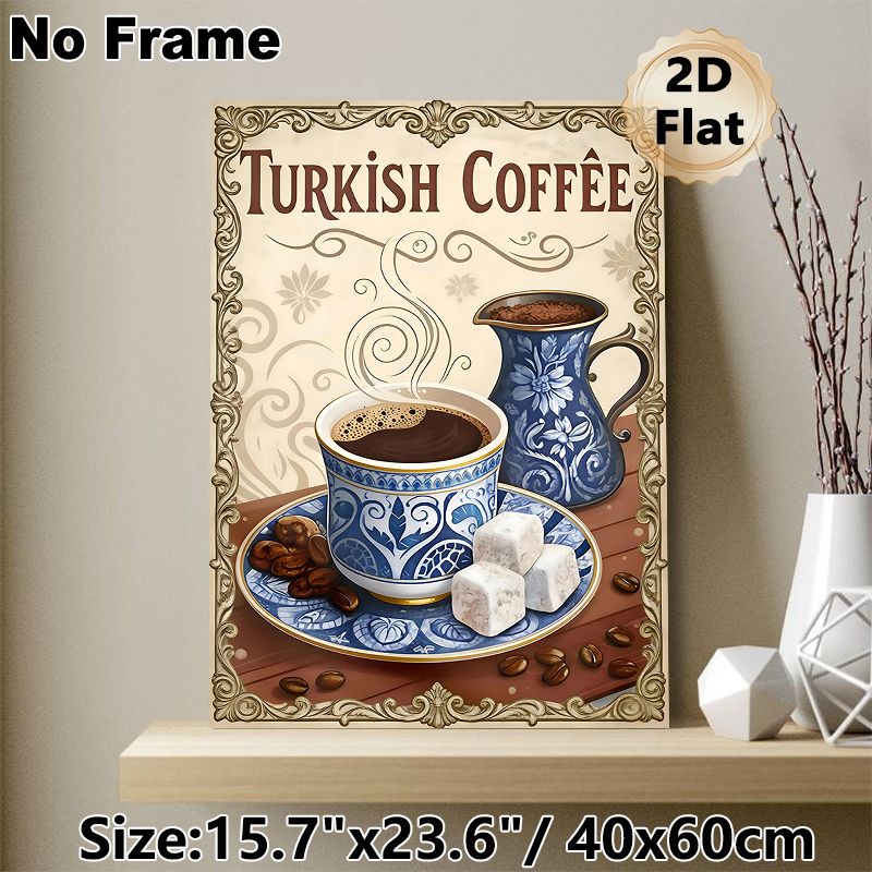 Turkish Coffee Painting Poster, Vintage Ornate Framed Poster, Showcasing Decorated Coffee Cup, Pot, Beans And Delight, Brings Warm Nostalgic Vibe_maomaolike.com