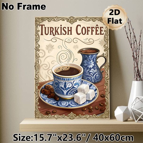 Turkish Coffee Painting Poster, Vintage Ornate Framed Poster, Showcasing Decorated Coffee Cup, Pot, Beans And Delight, Brings Warm Nostalgic Vibe_maomaolike.com