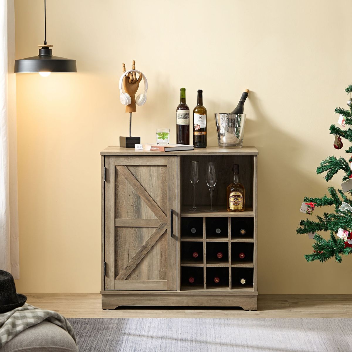 Farmhouse Coffee Bar Cabinet Bar Cabinet With Wine Rack Barn Door Buffet Sideboard Cabinet With Drawer, Adjustable Storage Shelves, Living Room, Dining Room_maomaolike.com