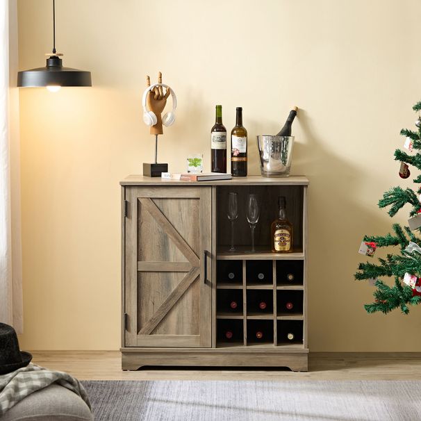 Farmhouse Coffee Bar Cabinet Bar Cabinet With Wine Rack Barn Door Buffet Sideboard Cabinet With Drawer, Adjustable Storage Shelves, Living Room, Dining Room_maomaolike.com