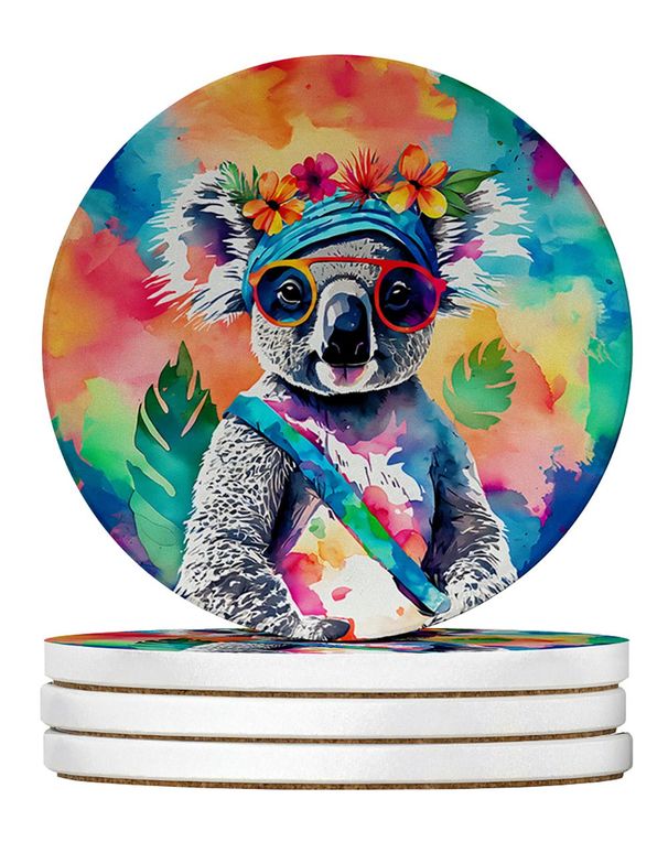 Hippie Animal Koala Large Sandstone Coasters Pack Of 4 Absorbent Round Coasters Decor Gifts For Men Or Women, 4 In, Multicolor_maomaolike.com