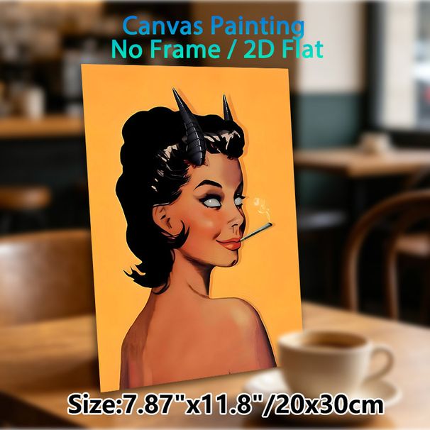 Pin-up Devil Girl Painting Poster, Vintage Retro Style Devil Girl With Horns Poster, Bold Eye-catching Design Ideal For Living Room, Bedroom Or Bar_maomaolike.com