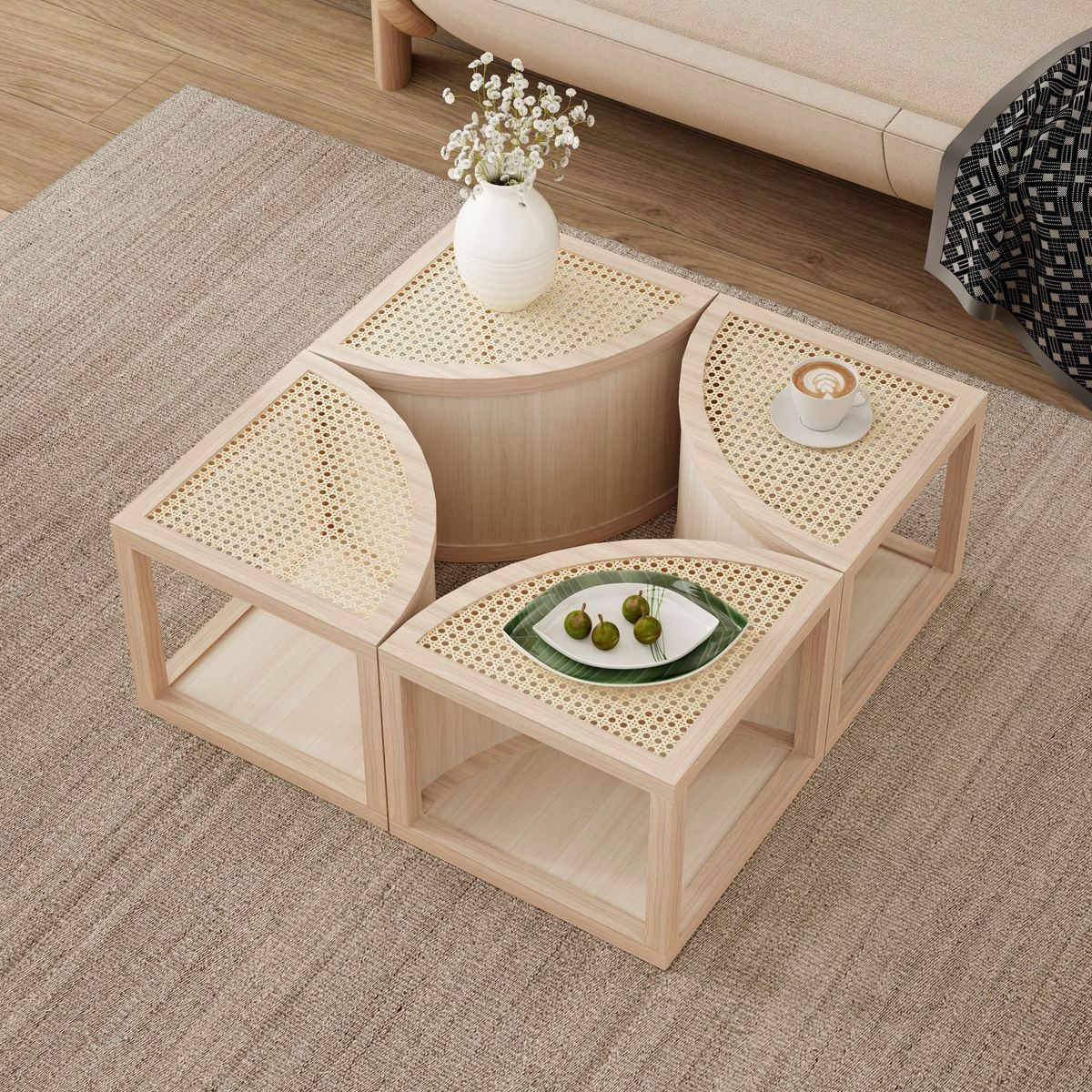 Round To Square Block Modular Coffee Table Light Natural Rattan With Storage 4 Piece_maomaolike.com