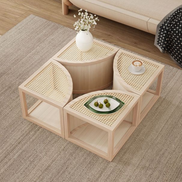 Round To Square Block Modular Coffee Table Light Natural Rattan With Storage 4 Piece_maomaolike.com