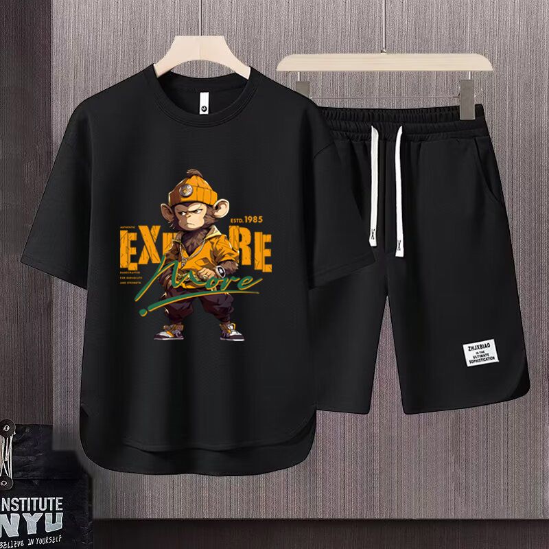 Men's Clothing 2024 Waffle Casual Summer Suit Men's Loose Teen Short sleeved T shirt Shorts Handsome Two piece Suit_maomaolike.com