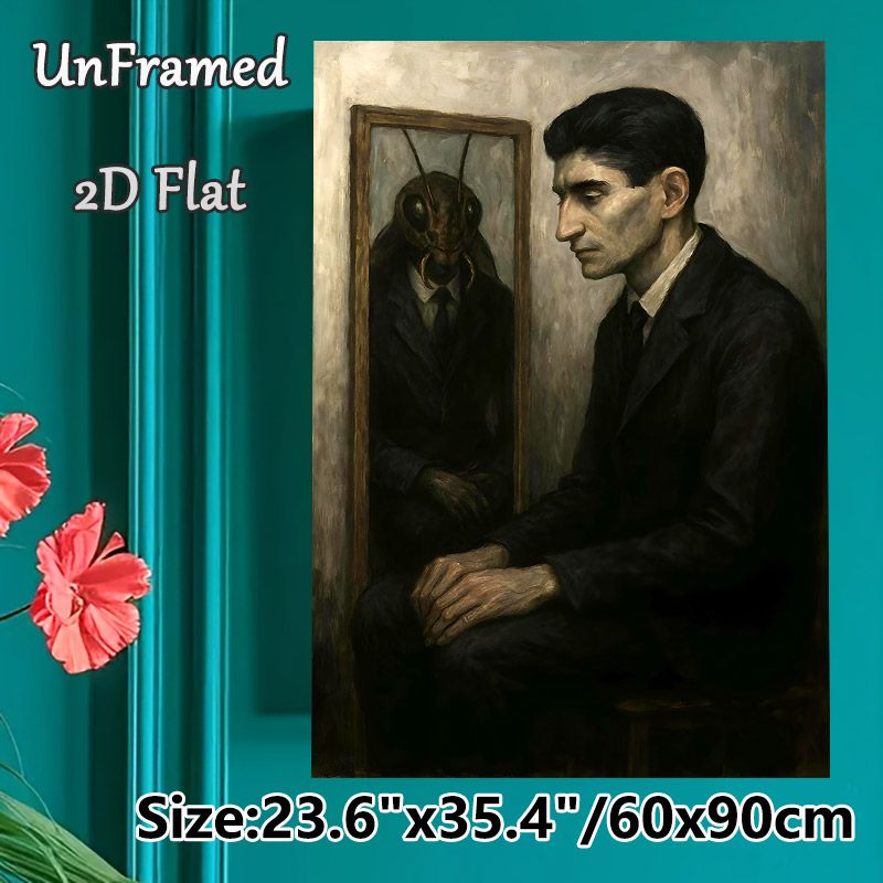 Man & Insect Mirror Reflection Painting Poster, Gloomy Surrealist Dark-toned Poster, Thought-provoking Introspective Artwork Suitable For Home Study_maomaolike.com
