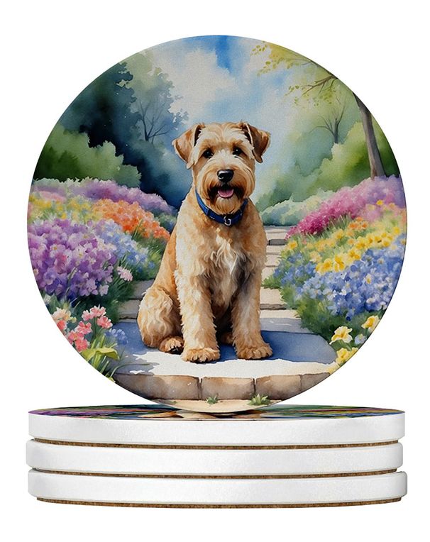 Wheaten Terrier Spring Path Large Sandstone Coasters Pack Of 4 Absorbent Round Coasters Decor Gifts For Men Or Women, 4 In, Multicolor_maomaolike.com