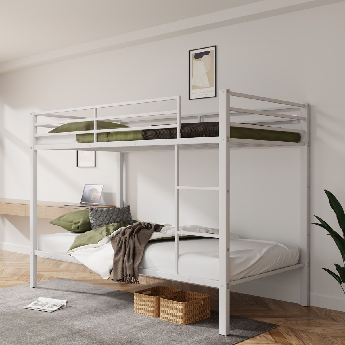 Metal Bunk Bed Twin Over Twin, Low Profile Bunk Bed Frame WithBuilt-in Ladder, High Guardrail And Metal Slats, Space-Saving Twin Size Bed Frame For Kids Teens, No Box Spring Required, White_maomaolike.com