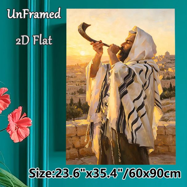 Shofar Themed Painting Poster, Warm-toned Realistic Oil-style Poster, Serene Spiritual Scene With Shofar Blower Against Golden Sunset Ancient City_maomaolike.com