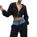 Women's Clothing Zipper hooded sweater pants suit denim stitching two-piece trousers_maomaolike.com