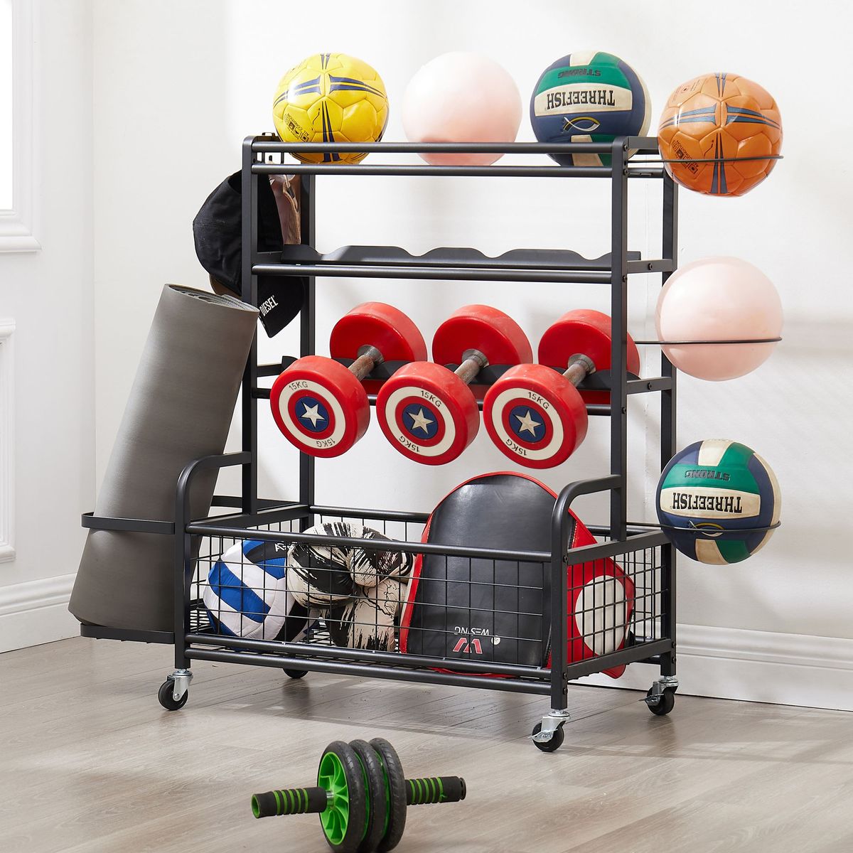 4-Tier Metal Storage Organizer With Rolling Wheels For Basketball Sports Equipment Organizer For Yoga Mat Larger Ball Storage Rack With Baskets And Hooks, Indoor Or Outdoor For Tennis Racket,Football_maomaolike.com