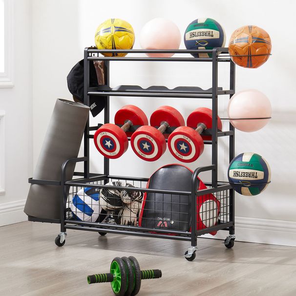 4-Tier Metal Storage Organizer With Rolling Wheels For Basketball Sports Equipment Organizer For Yoga Mat Larger Ball Storage Rack With Baskets And Hooks, Indoor Or Outdoor For Tennis Racket,Football_maomaolike.com
