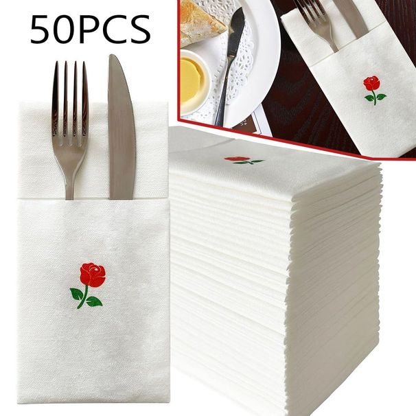 50pcs Rose Dinner Napkins, Disposable White Party Napkins With Built-in Cutlery Pocket, Linen Texture Napkins, 15.75x15.75 Inch, For Wedding Bridal Shower Restaurant Table Decoration Supplies_maomaolike.com