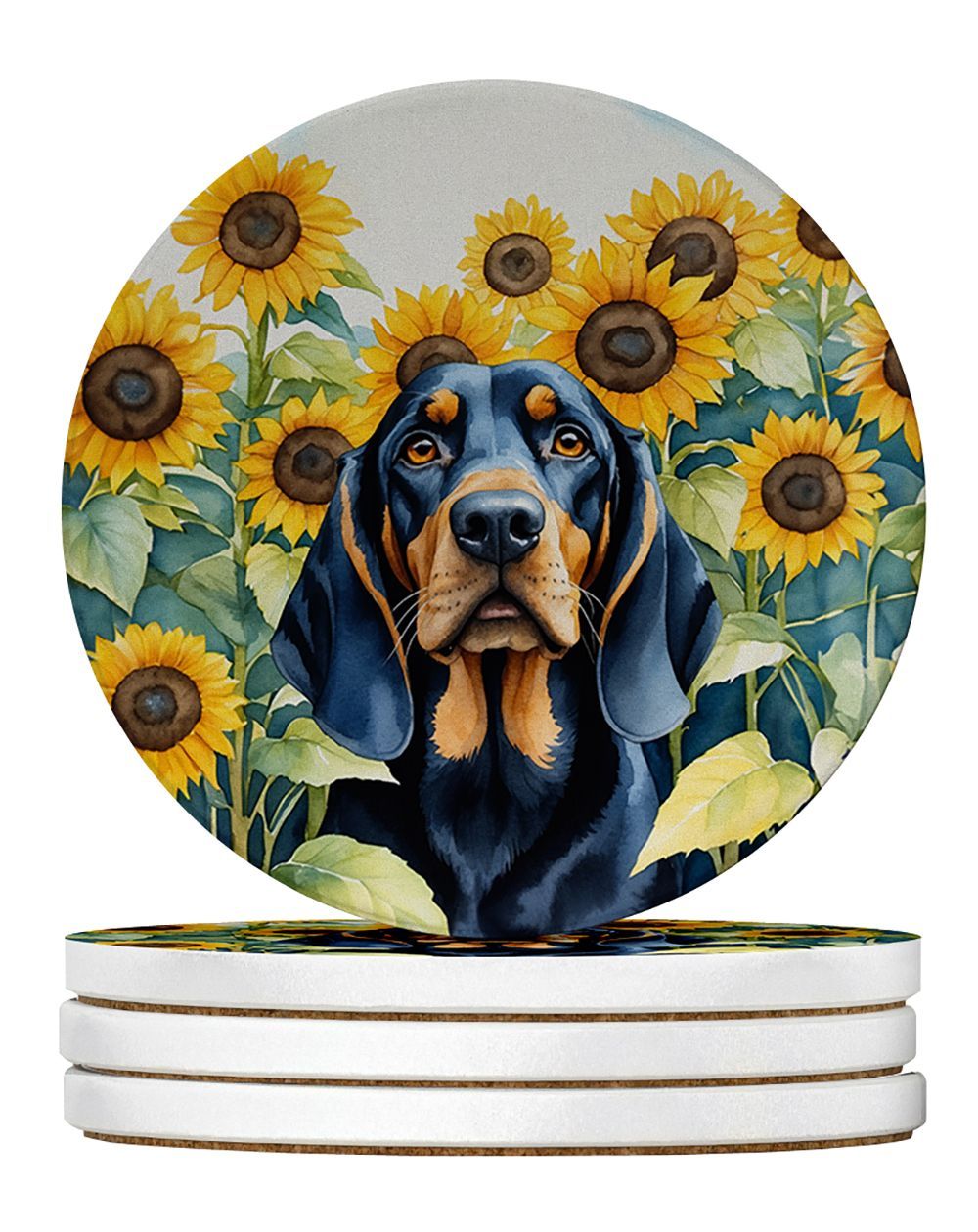Black And Tan Coonhound In Sunflowers Large Sandstone Coasters Pack Of 4 Absorbent Round Coasters Decor Gifts For Men Or Women, 4 In, Multicolor_maomaolike.com