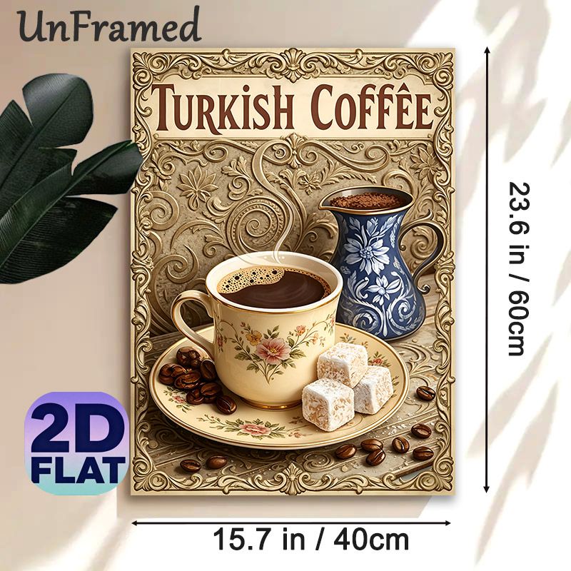 Turkish Coffee Painting Poster, Vintage Ornate Retro Style Poster, Featuring Floral Coffee Cup, Blue Pot, Turkish Delight And Coffee Beans, Brings_maomaolike.com