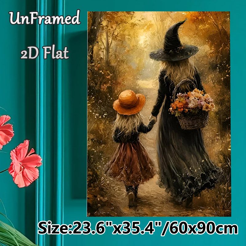 Autumn Witch Themed Painting Poster, Warm-toned Whimsical Forest Walk Scene Poster, Cozy Fall-inspired Artwork Ideal For Home Wall Decor And Halloween_maomaolike.com