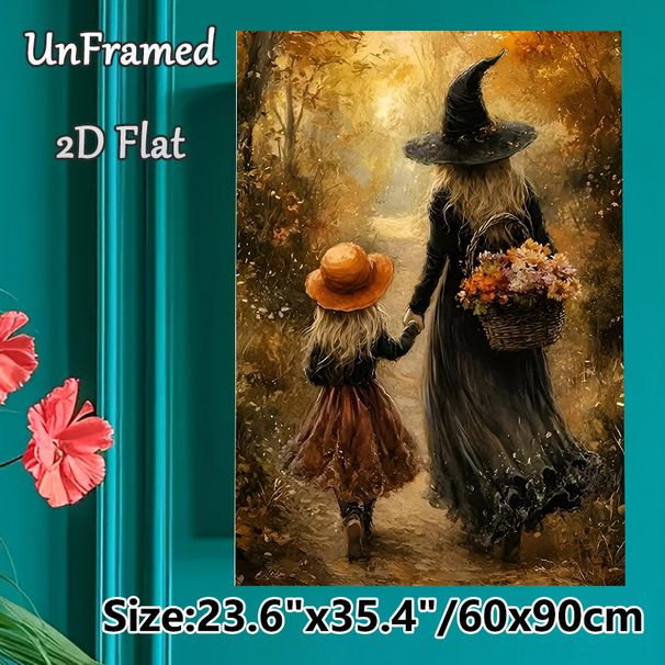 Autumn Witch Themed Painting Poster, Warm-toned Whimsical Forest Walk Scene Poster, Cozy Fall-inspired Artwork Ideal For Home Wall Decor And Halloween_maomaolike.com