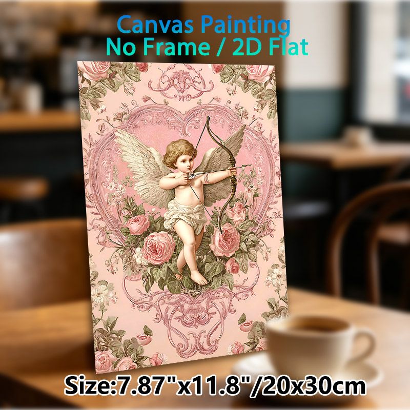 Cupid Themed Painting Poster, Vintage Romantic Floral Poster, Delicate Cupid With Bow Set In Ornate Heart Frame With Pink Roses, Elegant Romantic_maomaolike.com