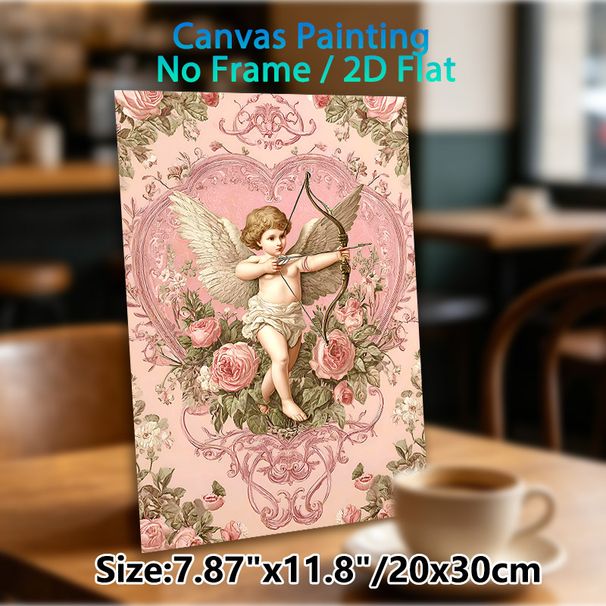 Cupid Themed Painting Poster, Vintage Romantic Floral Poster, Delicate Cupid With Bow Set In Ornate Heart Frame With Pink Roses, Elegant Romantic_maomaolike.com