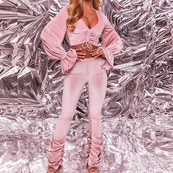 Women's Clothing autumn and winter sexy navel-baring long-sleeved top solid color micro-flared pants two-piece set_maomaolike.com