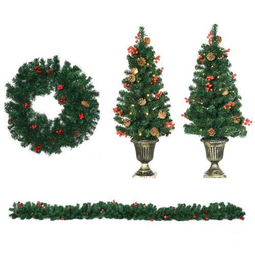HOMCOM Prelit Holiday Christmas 4-Piece Set, Garland Wreath And Set Of 2 Entrance Trees With Warm White LED Lights, Red Berries, Pine Cones, Green_maomaolike.com