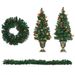 HOMCOM Prelit Holiday Christmas 4-Piece Set, Garland Wreath And Set Of 2 Entrance Trees With Warm White LED Lights, Red Berries, Pine Cones, Green_maomaolike.com